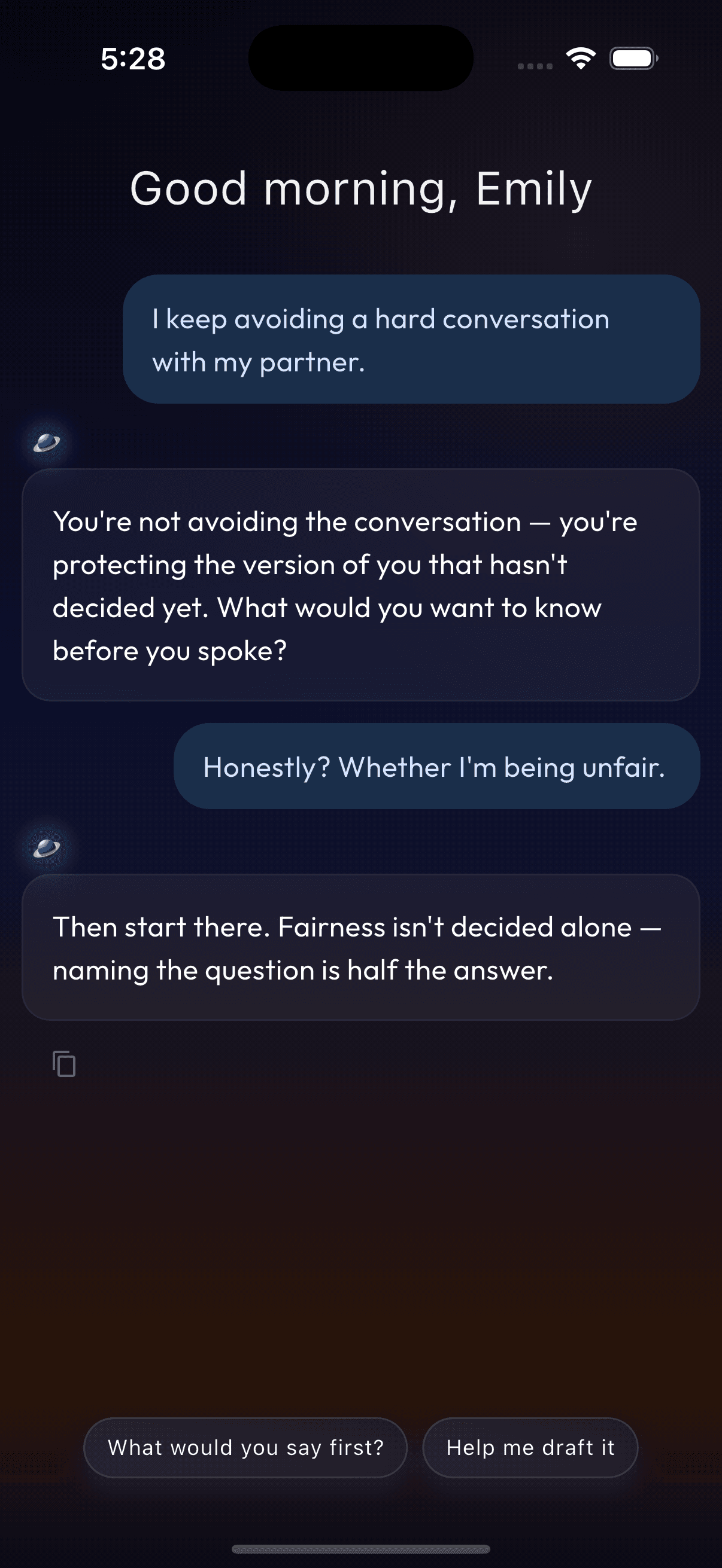 Cosmix chat helping work through a difficult conversation with a partner